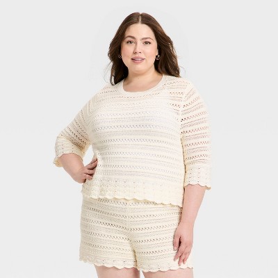 Women's Quarter Sleeve Openwork Crewneck Pullover Sweater - Universal Thread™ Cream XXL
