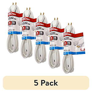 5-Pk 6' Hyper Tough 125V 13A 16AWG Indoor Extension Cords (White/Black) $8.95