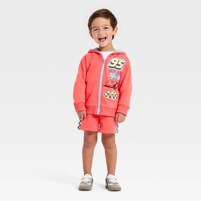 Toddler Boys' 2pc Disney Cars Lightning McQueen Zip-up Hoodie & Shorts Set - Red 12M