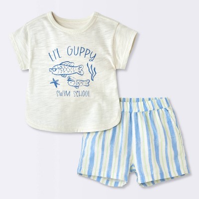 Baby Boys' "Lil Guppy" Graphic T-Shirt and Striped Shorts Set - Cloud Island™ Cream Newborn