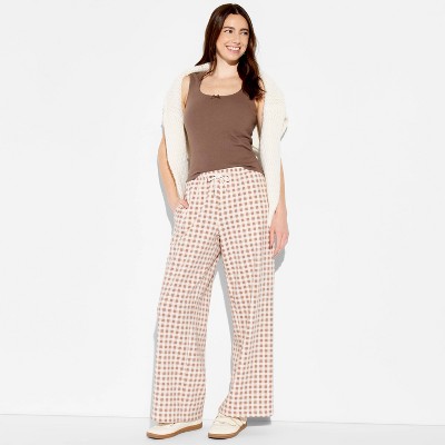 Women's Wide Leg Graphic Pants - Brown Gingham XL