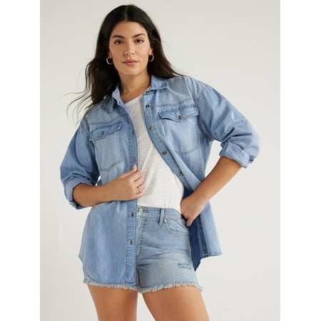 Sofia by Sofia Vergara Women's and Women's Plus Sofia Oversized Boyfriend Shirt with Long Sleeves, Sizes XS-4X
