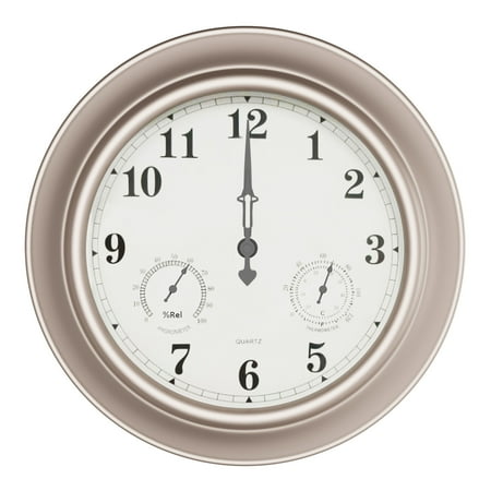 Pure Garden 18in Waterproof Indoor Outdoor Clock Thermometer Combo, Silver