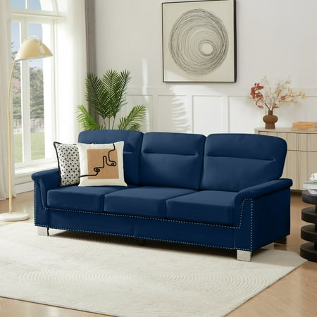 Aukfa 84" Contemporary Sofa for Living Room, Snowfleece 3-Seater Sofa with Naihead Trim, Blue