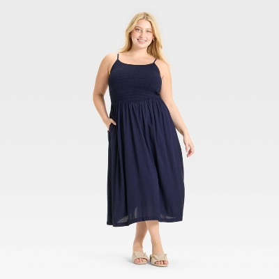 Women's Smocked V-Waist Midi Dress - A New Day™ Navy Blue 4X