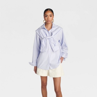 KBB by KAHLANA Women's 'The Double Layer Button-Down Shirt' - Lavender Striped XXS