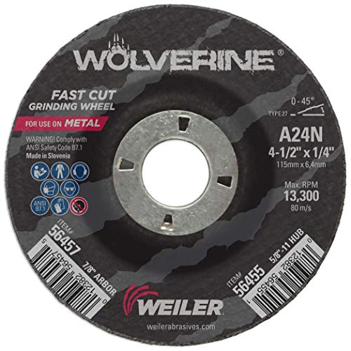 Weiler 56457 4-1/2" X 1/4" Wolverine Type 27 Grinding Wheel, A24N, 7/8" A.H.