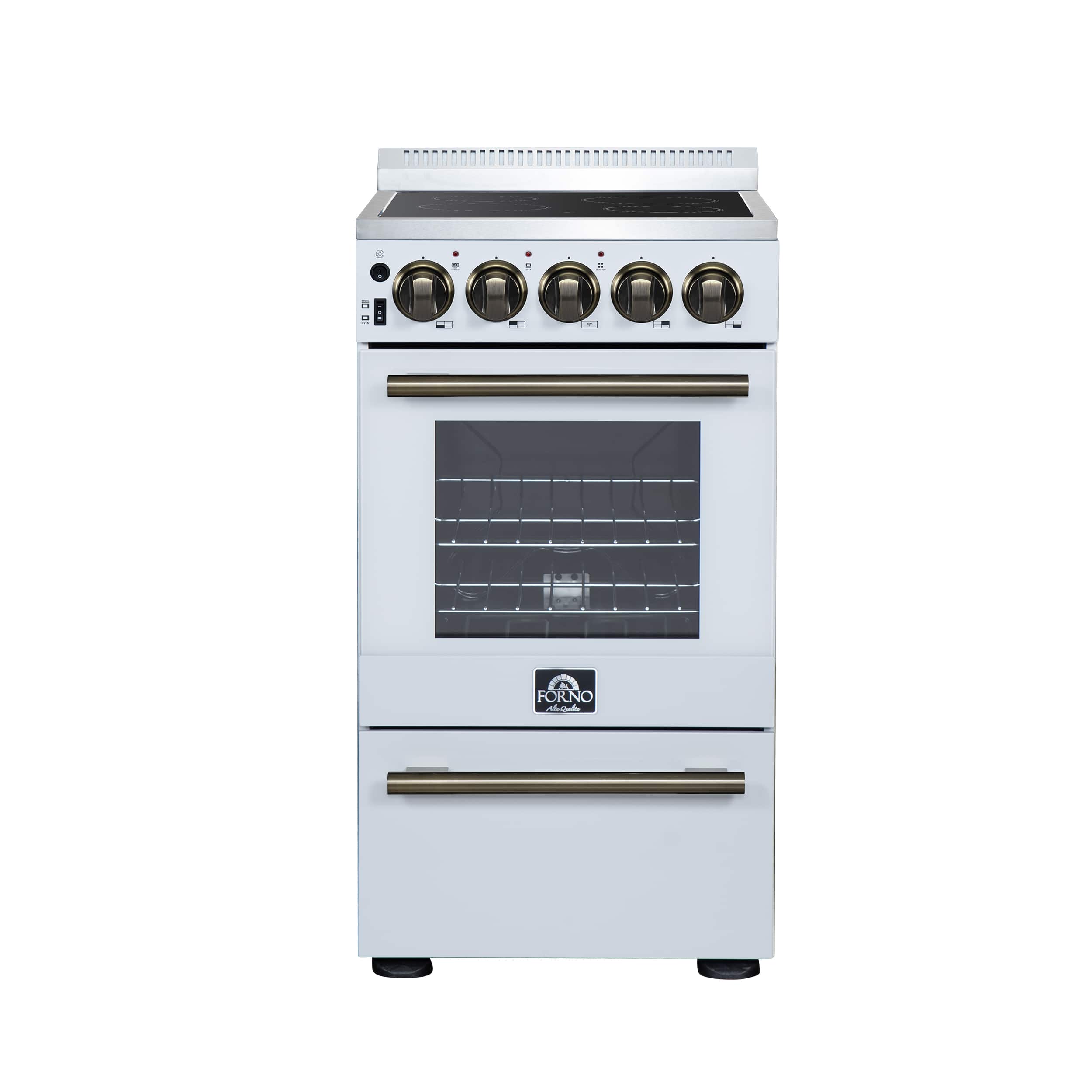 Forno Appliances - 20 in. Wide 4 Elements Pallerano 2.05 Cu. Ft. Freestanding Electric Range with Antique Brass Accessories - White