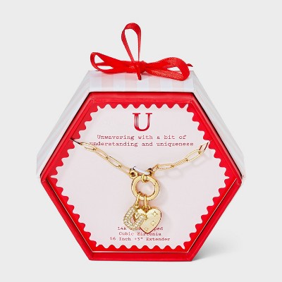 14K Gold Dipped Cubic Zirconia Puffy Heart Charm U Initial Necklace - A New Day™ Gold