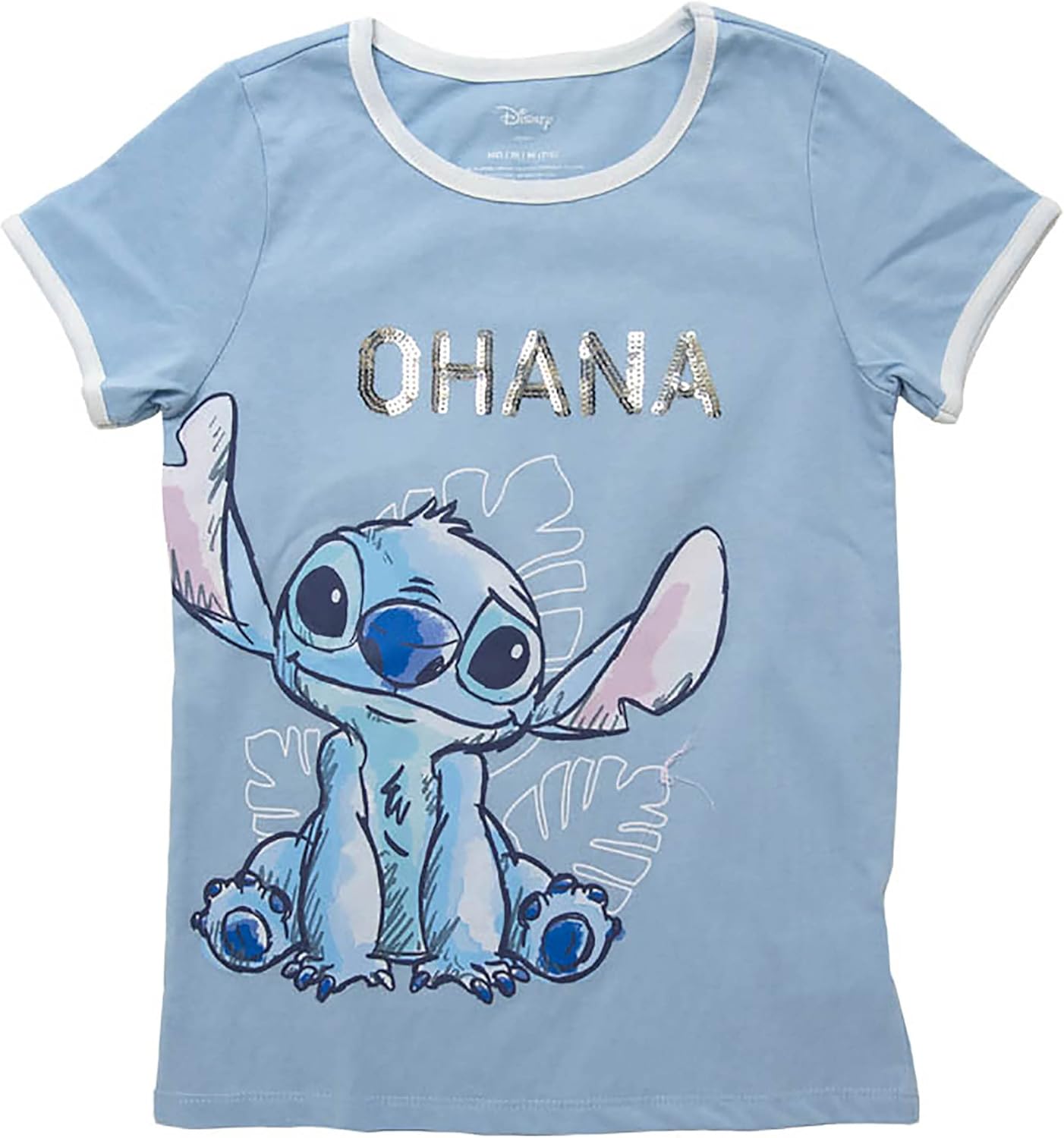 Disney Girl's Lilo & Stitch Ohana Front and Back T-Shirt - Light Blue - Large