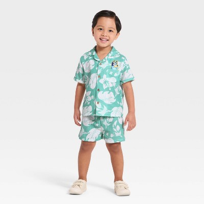 Toddler Boys' 2pc Bluey Gauze Short Sleeve Button-Down Shirt & Shorts Set - Teal Blue 2T