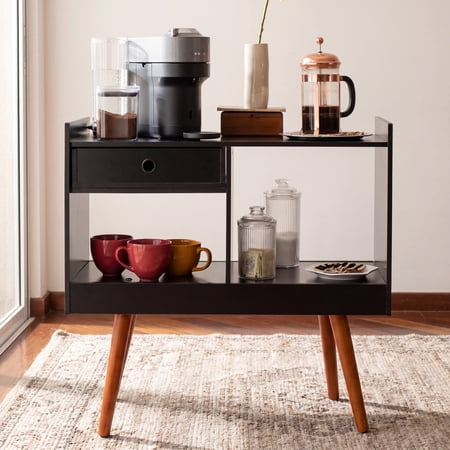 Ember Interiors Oxford Black Modern Bar Cabinet with Wine Storage, Drawer & Open Shelves– Compact Design for Living Room or Kitchen