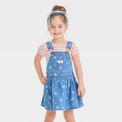 OshKosh B'gosh Toddler Girls' Floral Denim Skirtall Dress - White 12M: Cotton, Sleeveless, Kangaroo Pocket