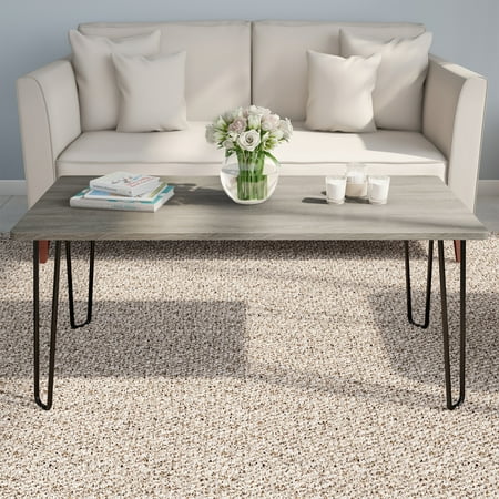 Lavish Home Coffee Table with Hairpin Legs, Modern Industrial Style Home Décor, Woodgrain-Look and Steel Accent Living Room Furniture, Gray