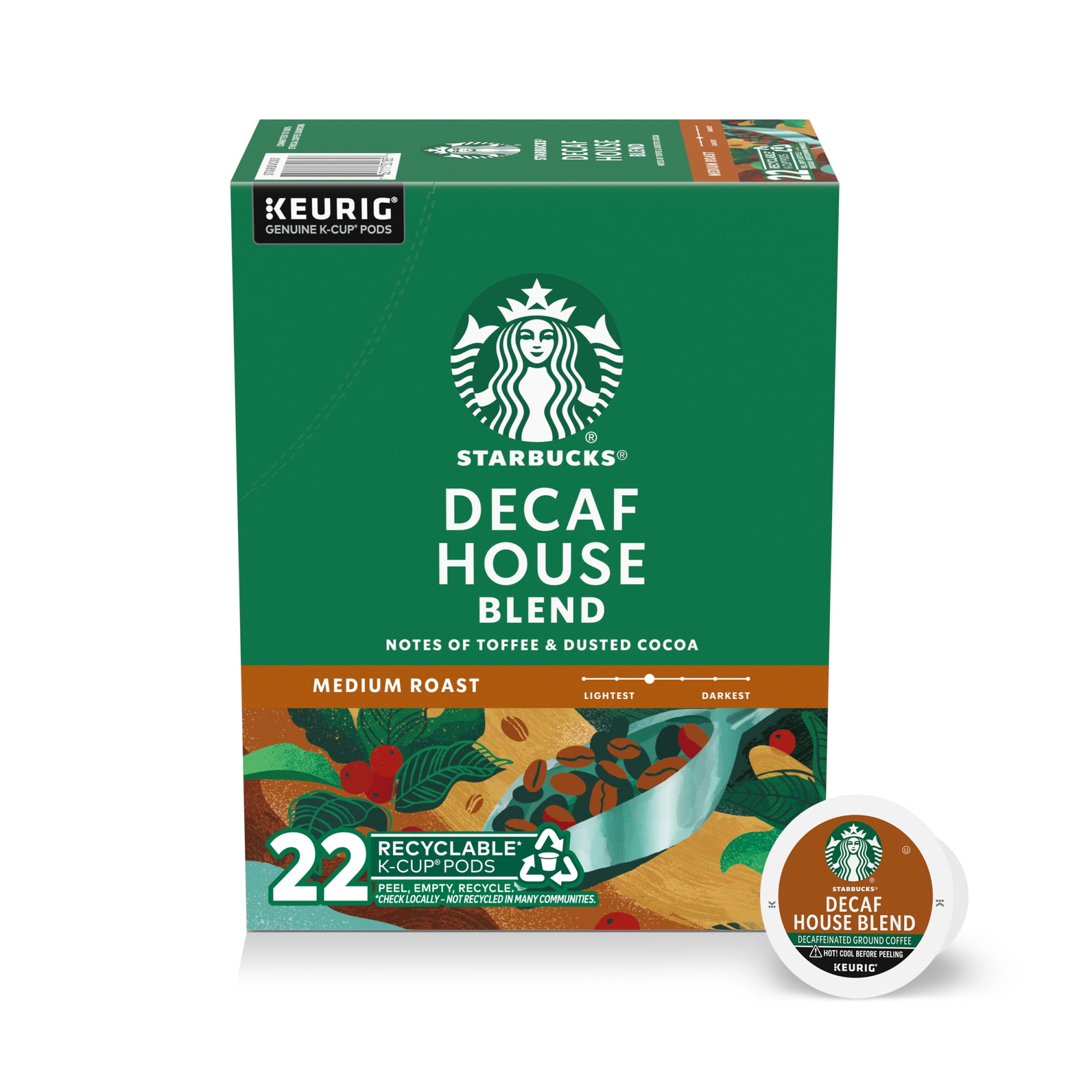 Starbucks Decaf House Blend, Hot or Iced Coffee, Medium Roast K-Cup Coffee Pods, 22 Count