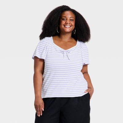 Women's Flutter Short Sleeve Tie-Front Knit Top - Ava & Viv™ Blue Striped 4X