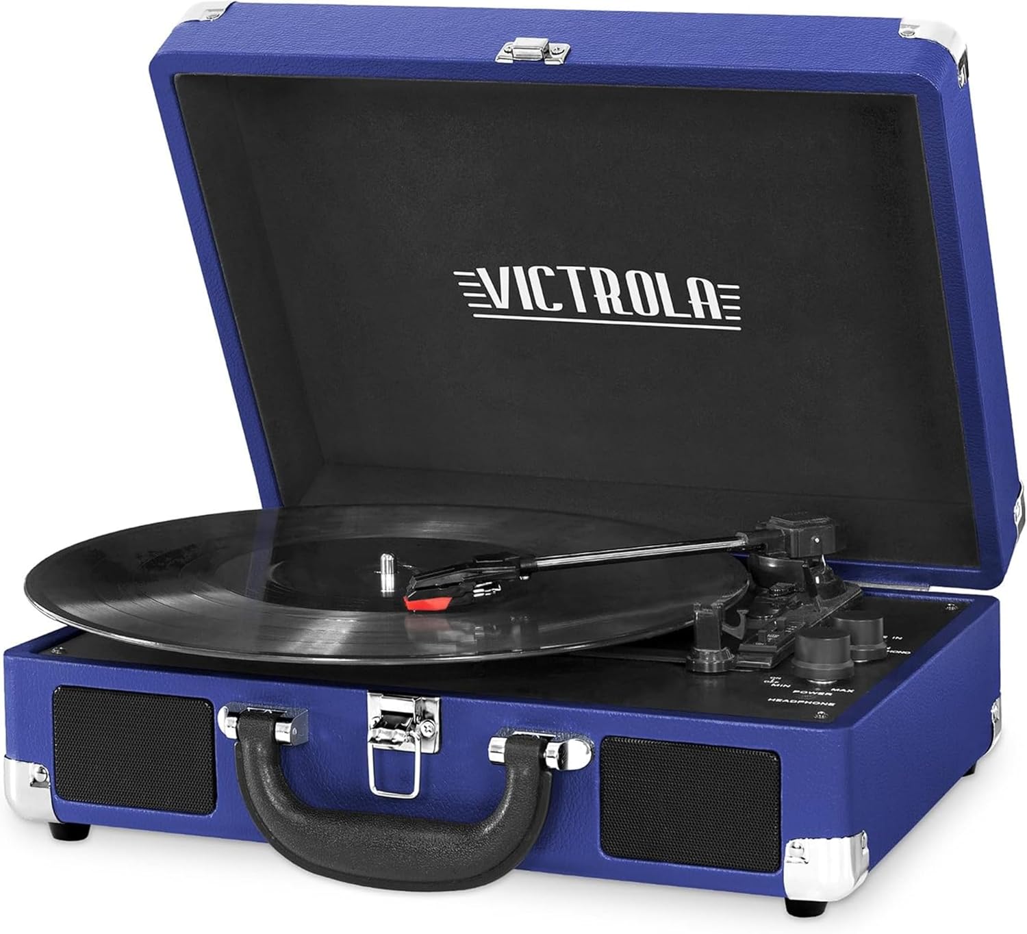 Victrola Journey Bluetooth Portable Suitcase Record Player – with Built-in Speakers, 3 Speed Vinyl Record Player, RCA Out, Headphone Jack (Cobalt Blue)