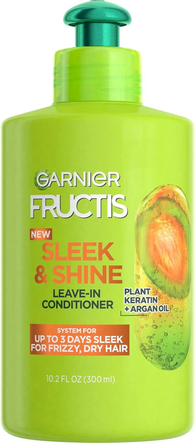 Garnier Fructis Sleek & Shine Leave-In Conditioning Cream for Frizzy, Dry Hair, Plant Keratin + Argan Oil, 10.2 Fl Oz, 1 Count (Packaging May Vary)