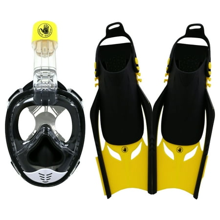 Body Glove Aire Full Face Snorkel and Fins Set for Adults, Anti-Fog and Anti-Leak 180 Degree Panoramic View, S/M, Black/Yellow