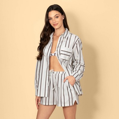 Solid & Striped Women's Mid-Rise Drawstring Poplin Pull-On Shorts - Brown/Cream Striped S