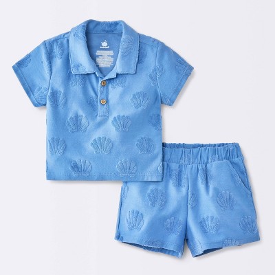 Baby Boys' Sea Shell Button-Down T-Shirt and Terry Shorts Set - Cloud Island™ Blue 0-3M