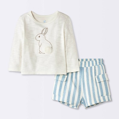 Baby Boys' 2pc Bunny Graphic Long Sleeve T-Shirt and Striped Cargo Shorts Set - Cloud Island™ Cream 18M
