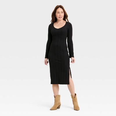 Women's Bell Long Sleeve Rib Midi Bodycon Dress - Universal Thread™ Black XL