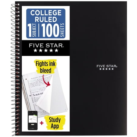 Five Star 1 Subject College Ruled Notebook Plus Study App, 8.5" x 11", Black, Poly, Spiral, 100 Sheets