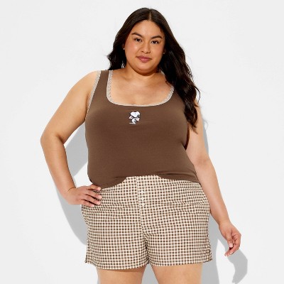 Women's Brown Gingham Graphic Pull-On Shorts - Brown 3X