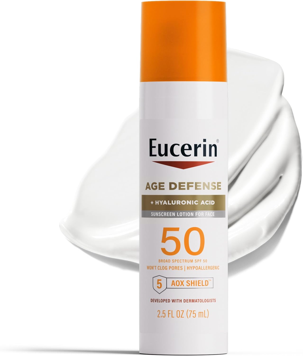 Eucerin Sun Age Defense SPF 50 Face Sunscreen Lotion with Hyaluronic Acid, Hypoallergenic, Non-Comedogenic Sunscreen SPF 50 Free of Fragrance, Oxybenzone and Octinoxate, 2.5 Fl Oz Bottle