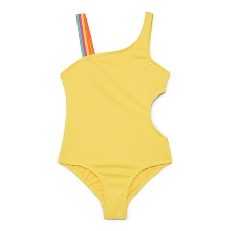 Wonder Nation Girls Asymmetrical Embossed One Piece Swimsuit, Sizes 4-16