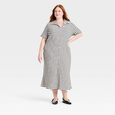 Women's Short Sleeve Button-Down Midi Dress - A New Day™ Cream/Black Striped 4X