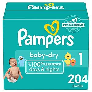 Pampers Baby Dry Diapers: 186-Ct (Size 2) or 204-Ct (Size 1) $16.80 + Free S&H