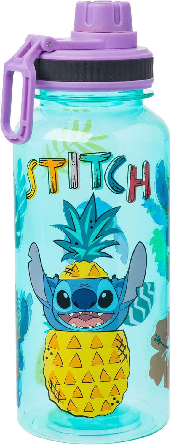 Silver Buffalo Disney Lilo and Stitch Pineapple Twist Spout Plastic Water Bottle with Stickers You Stick Yourself, 32 Ounces