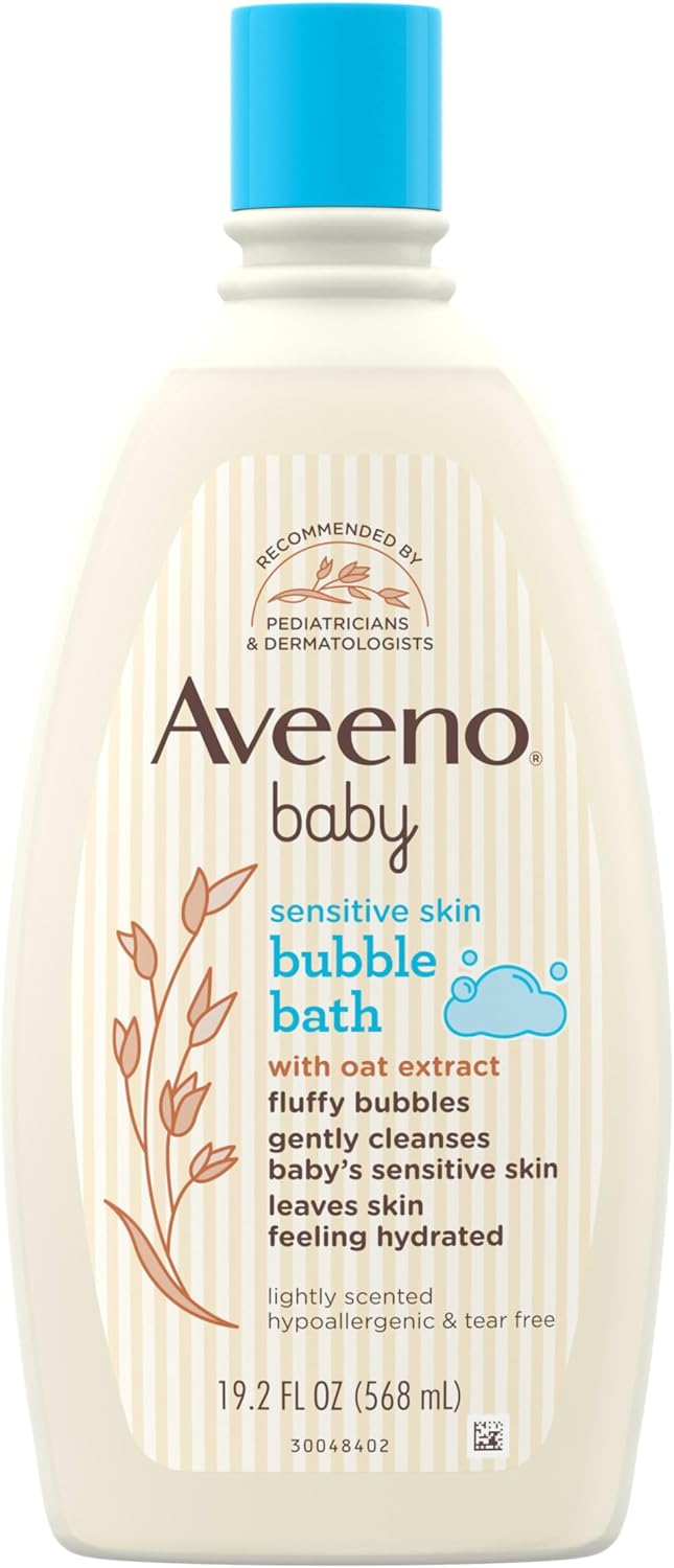 Aveeno Baby Sensitive Skin Bubble Bath with Oat Extract, Gently Cleanses and Leaves Skin Feeling Hydrated, Tear-Free Formula, Hypoallergenic, Paraben-, Phthalate-, Soap- & Dye-Free, 19.2 fl. Oz
