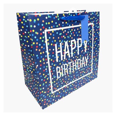Bows And Sparkles Large Square 'Happy Birthday' Confetti Gift Bag with Tag Blue