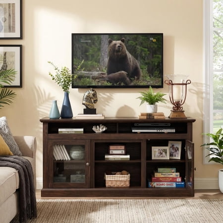 Homy Casa TV Stand for 65 Inch TV with Storage Cabinets and Cable Management for Living Room, Brown