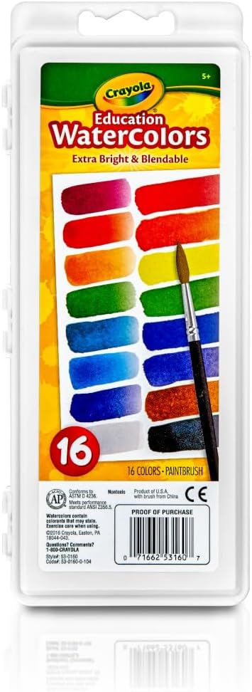 Crayola Watercolor Paint Set (16 Count), Washable Paint for Kids, 1 Paint Brush, Arts & Crafts Supplies, Assorted Colors, Ages 4+