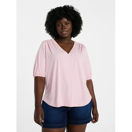 Terra & Sky Women's Plus Size V Neck Tee with Elbow Sleeves, Sizes 0X-5X