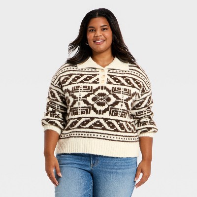 Women's Fairisle Henley Shawl Sweater - Universal Thread™ Brown 4X