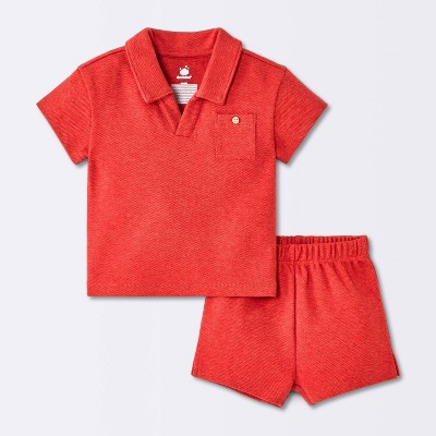 Baby Boys' 2pc Johnny Collar Polo Shirt and Shorts Set - Cloud Island™ Red 18M
