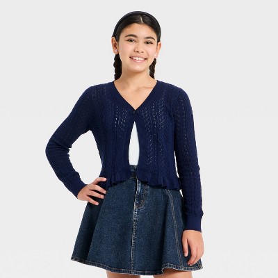 Girls' Ruffle Edge Pointelle Cardigan - art class™ Blue S
