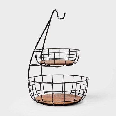 Iron and Mangowood Wire 2-Tier Fruit Basket with Banana Hanger Black - Threshold™: Traditional Mango Wood & Iron Design