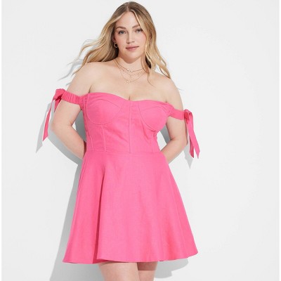 Women's Mini Off the Shoulder with Bow Graphic Skater Dress - Fuchsia 3X
