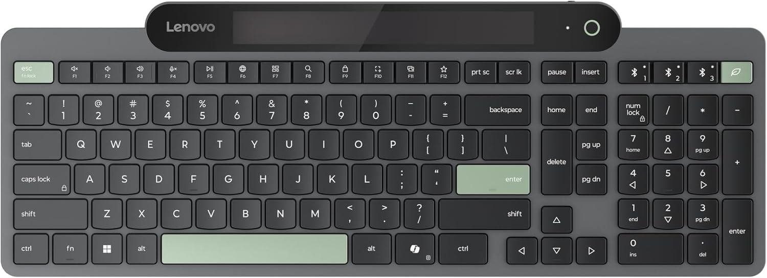 Lenovo 800 Self-Charging Bluetooth Keyboard, Uses Ambient Light for Charging, Bluetooth 5.1, Supports 3 Devices, Battery Free, Wireless, Grey