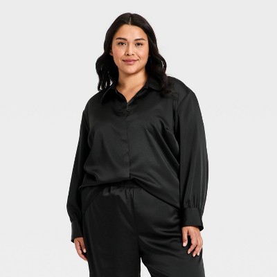Women's Long Sleeve Satin Top - A New Day™ Black XXL