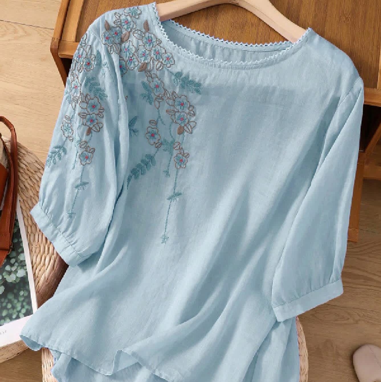 Floral Embroidered Crew Neck Blouse $19