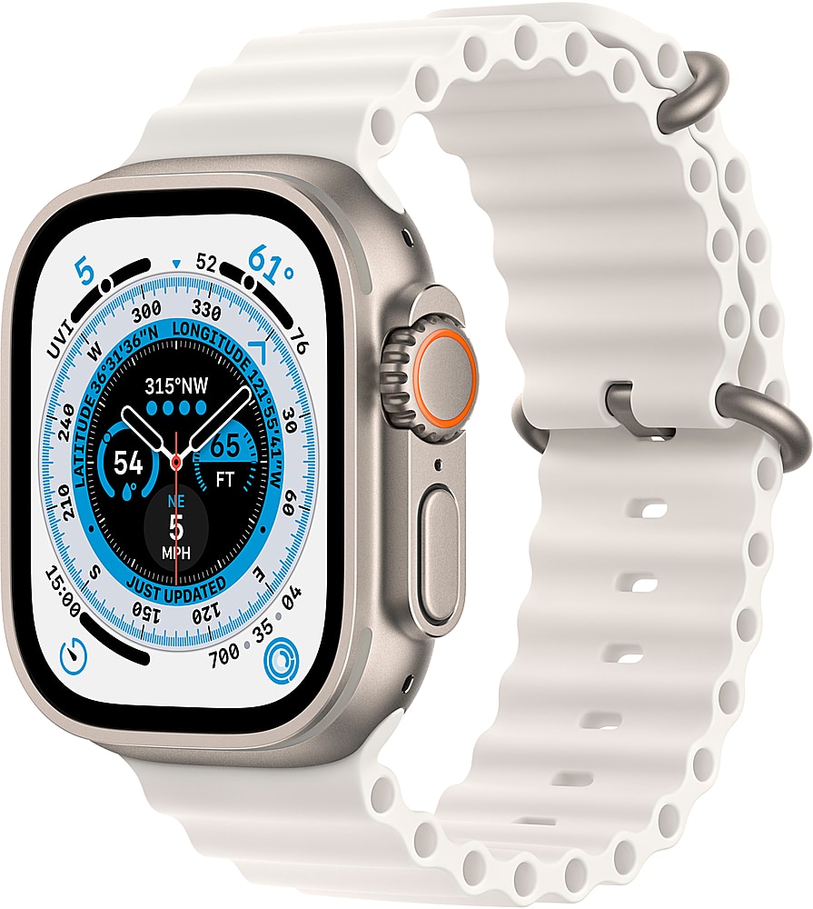 Apple Geek Squad Certified Refurbished Watch Ultra (GPS + Cellular) 49mm Titanium Case with White Ocean Band - Silver - (2022)