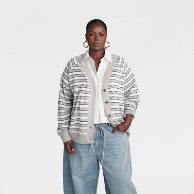 KBB by KAHLANA Women's 'The Grandpa Cardi Sweater' - Gray Striped XXL