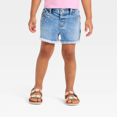 Toddler Girls' Floral Embroidered Denim Cutoff Shorts - Cat & Jack™ Medium Wash 3T